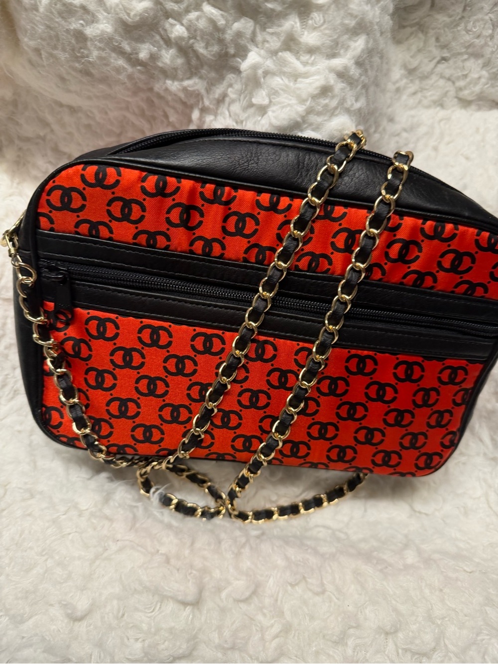 Black & Red Chain Shoulder Bag with Logo Print